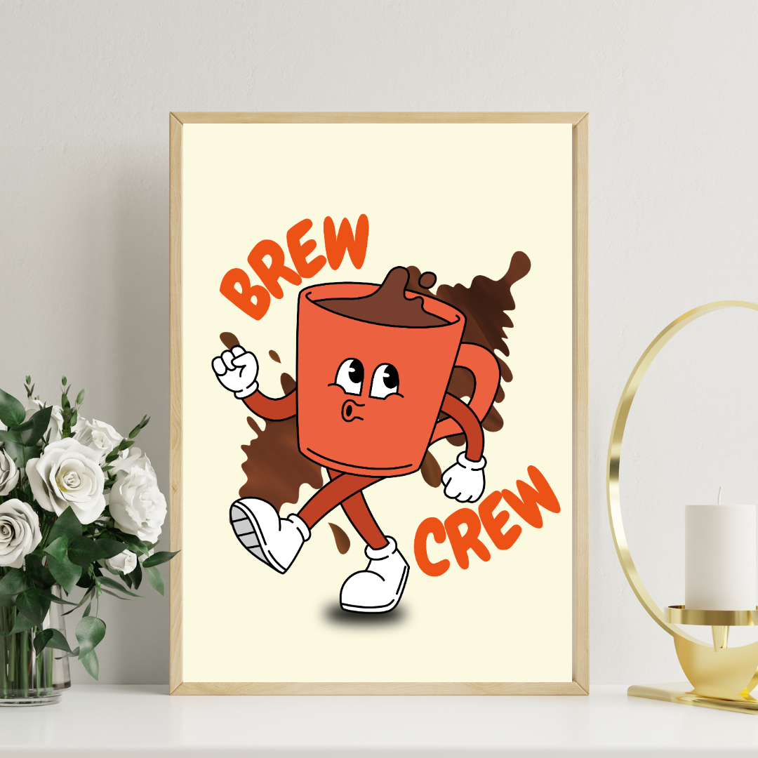 Brew Crew Coffee Poster – Fun Retro Cartoon Art Print